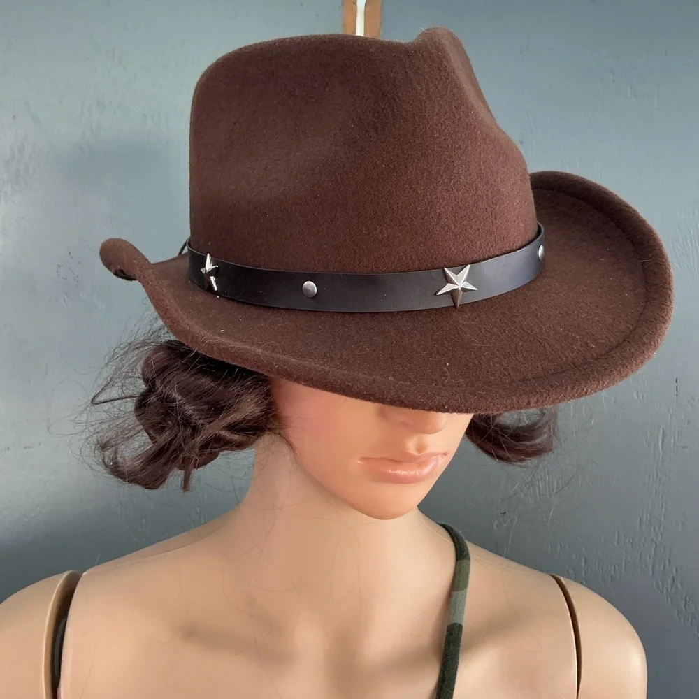 Western Cowboy Hat Brown With Star Accents Big Girls/  Women Wool Mix